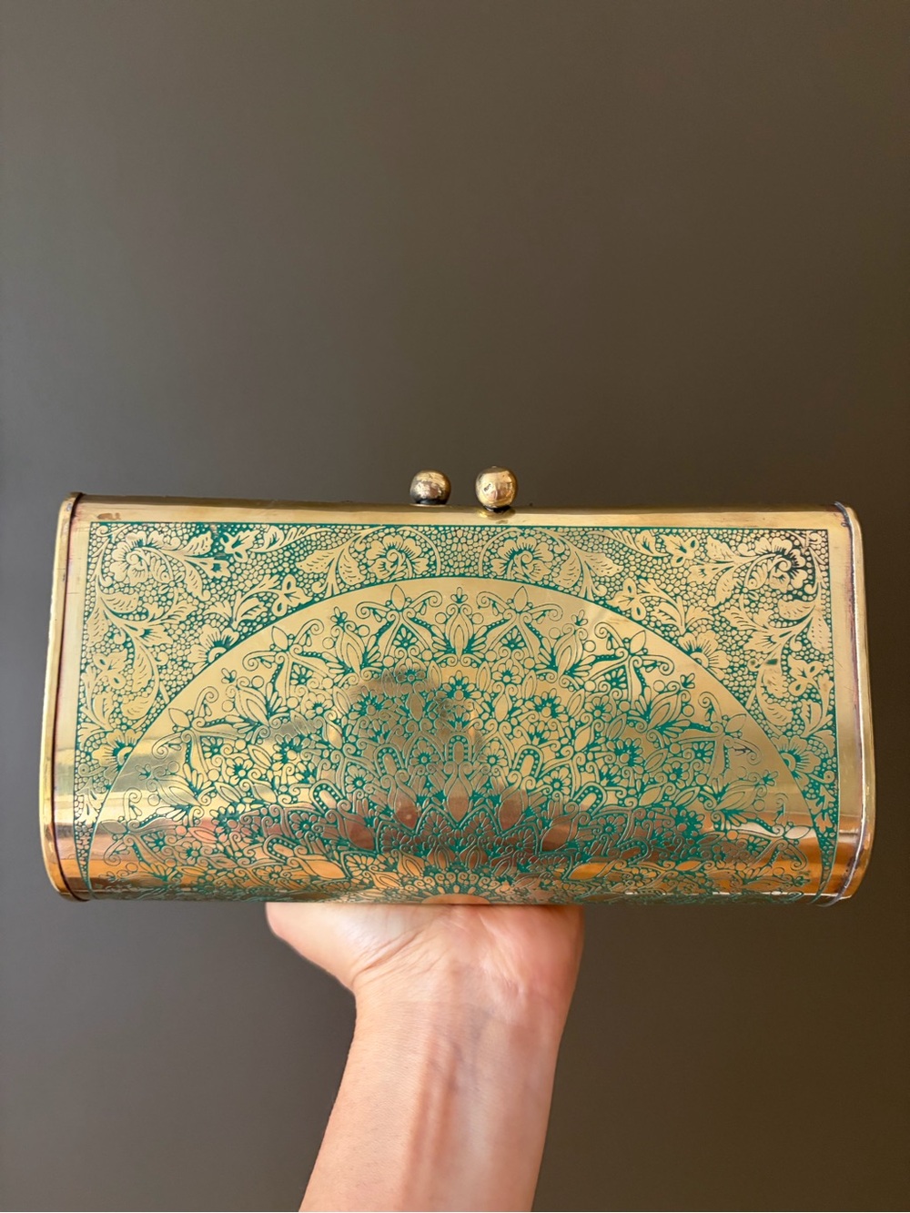 Gold and Teal Floral Pattern Clutch - Elegant Women's Evening Bag